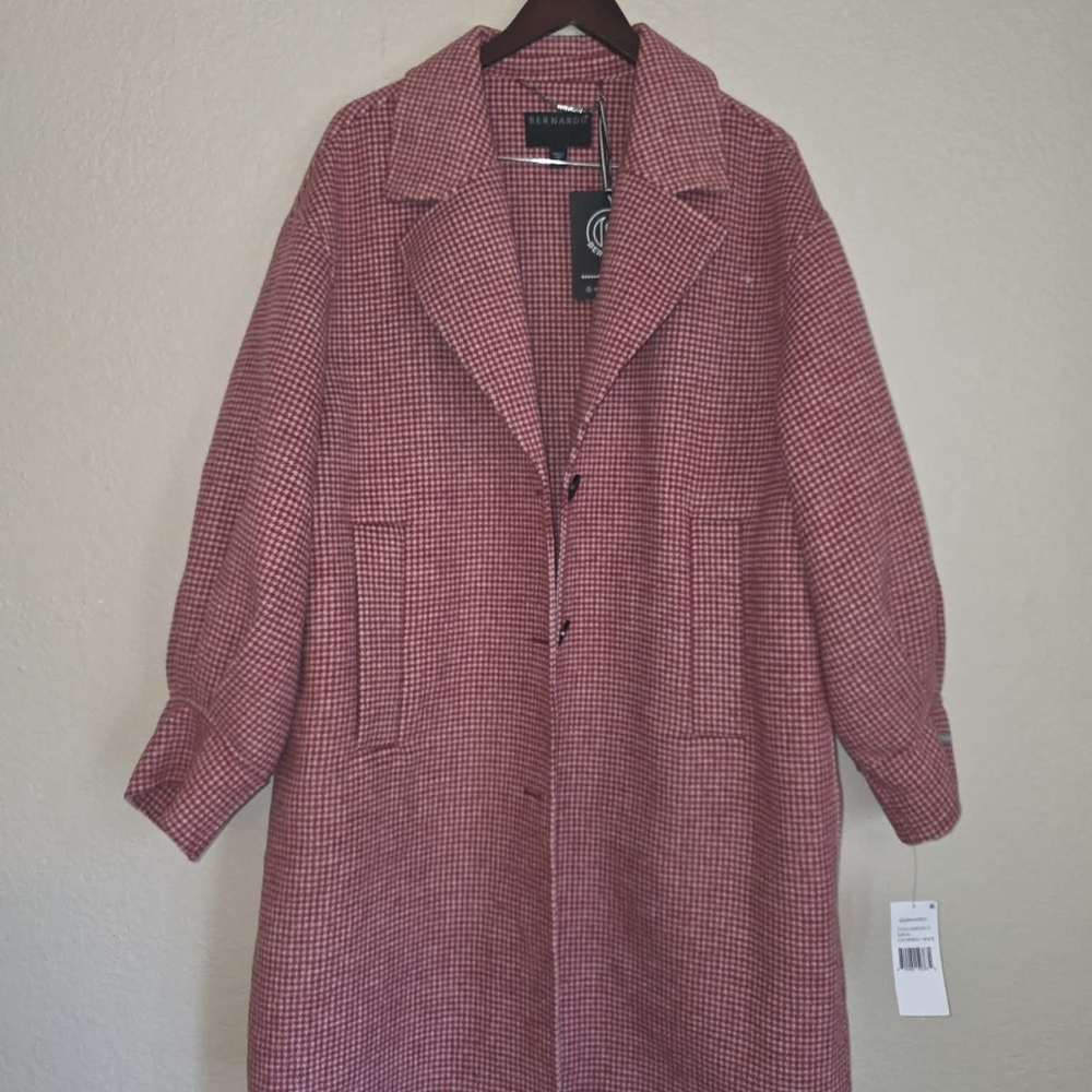 NWT Bernardo Long Red Wool Checkered Pea Coat